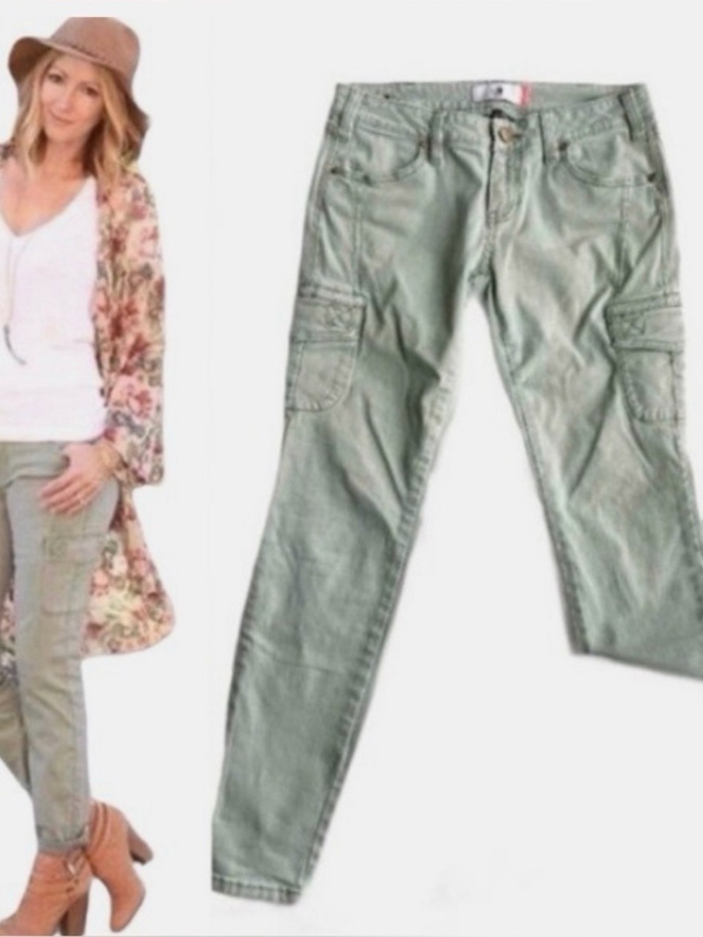 Women’s CAbi #3048 Sage Green Celadon Cargo Skinny Jeans Size 4